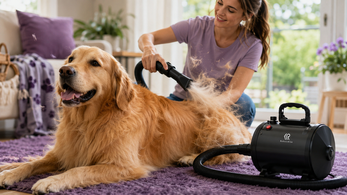 Golden retriever ligt op een paars kleed terwijl losse ondervacht met een zwarte waterblazer uit zijn rug wordt geblazen