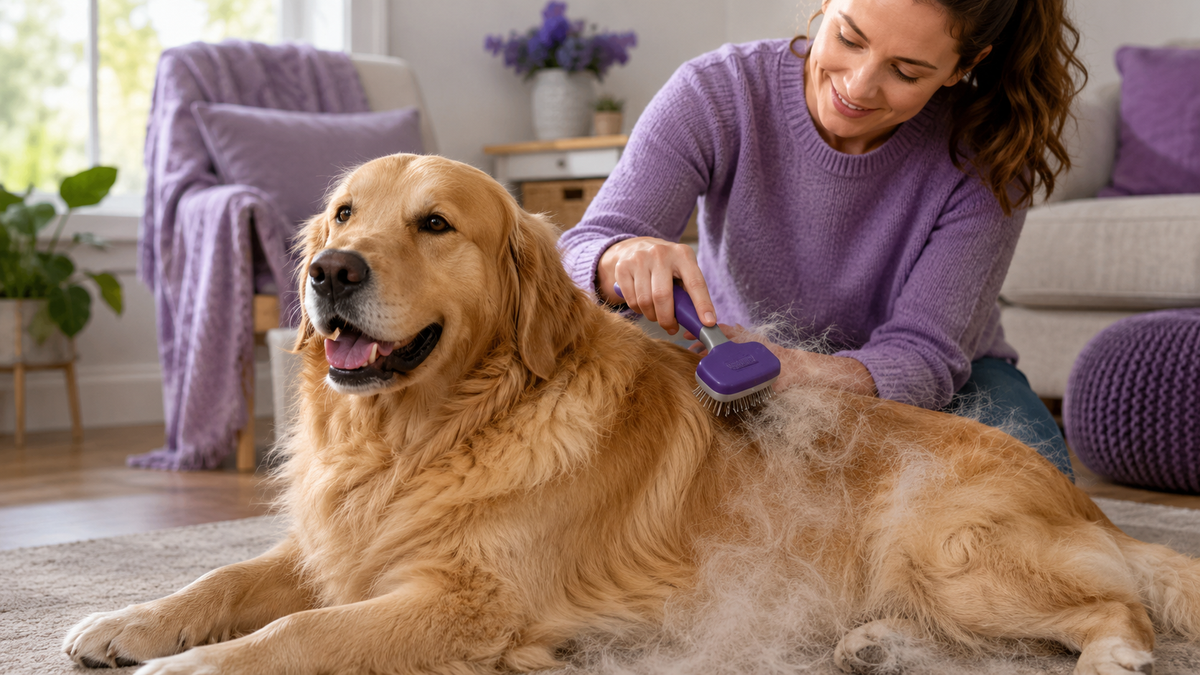 Golden retriever ligt op een vloerkleed en wordt geborsteld, een plukje losse ondervacht ligt ernaast