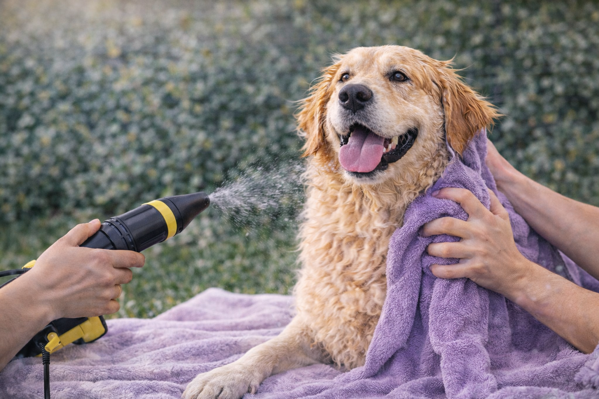 Golden retriever wordt buiten op een deken drooggeblazen met een handdoek om zich heen