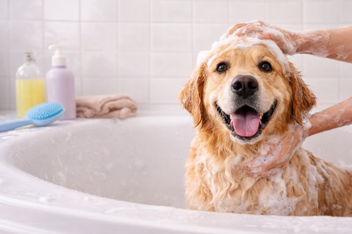 Golden retriever wordt ingezeept met hondenshampoo in bad