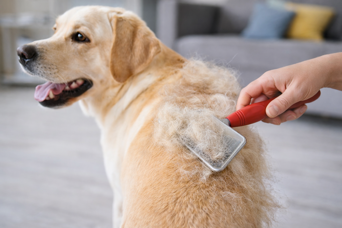 Slicker borstel vol losse ondervacht wordt door de vacht van een golden retriever gehaald