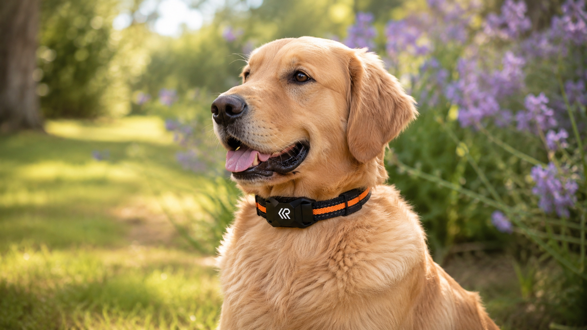 Golden retriever met een zwart-oranje anti-blafband om zit ontspannen buiten in het gras