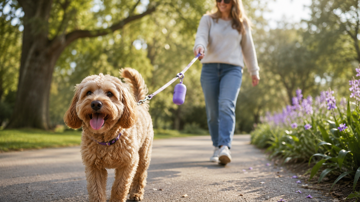 Labradoodle met krullende vacht loopt aan de lijn tijdens een wandeling
