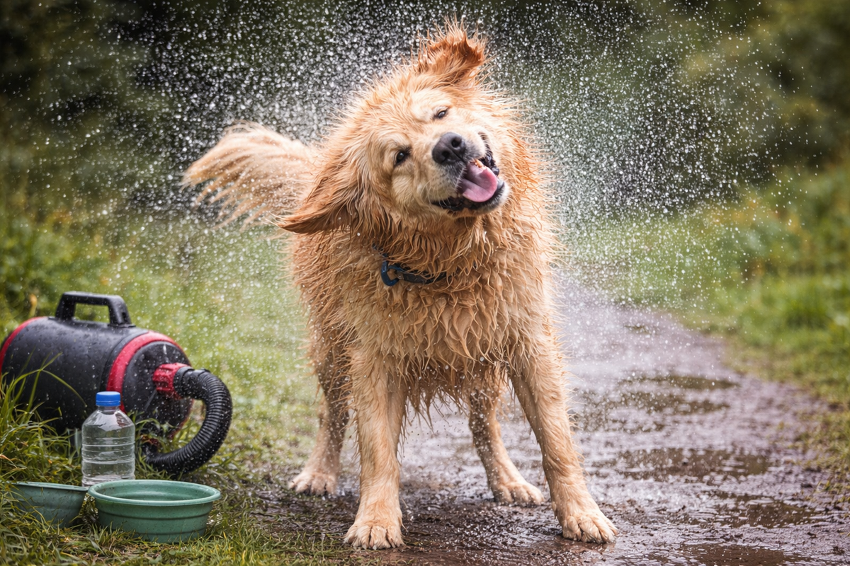 Natte hond schudt zich uit na een wandeling in de regen