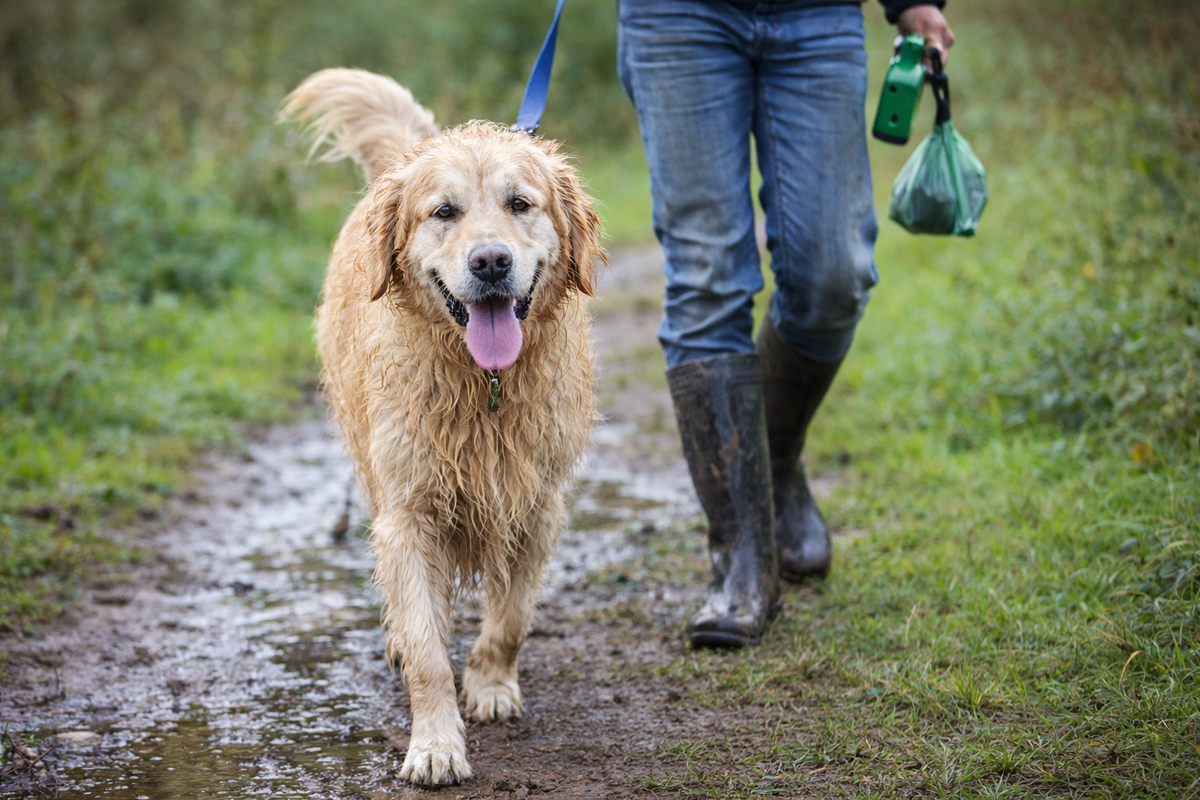 Natte golden retriever met modderige poten loopt naast zijn baasje over een modderig wandelpad
