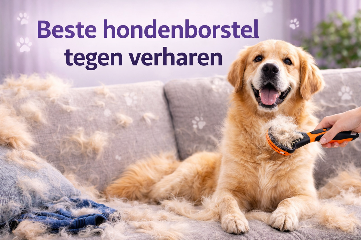 Beste hondenborstel tegen verharen: golden retriever wordt op de bank geborsteld