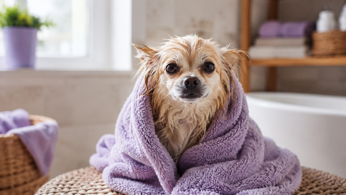 Hond zit na het wassen in een handdoek gewikkeld
