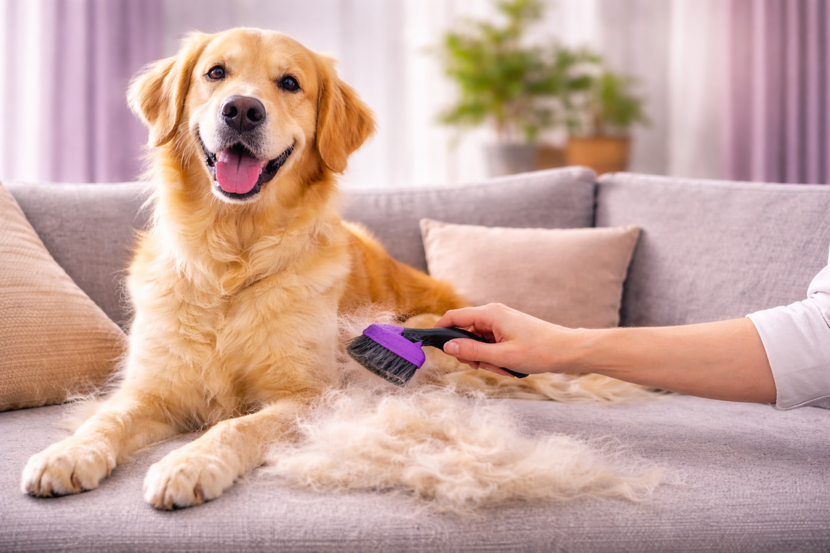 Golden retriever op de bank naast een hoop losse haren en een hondenborstel