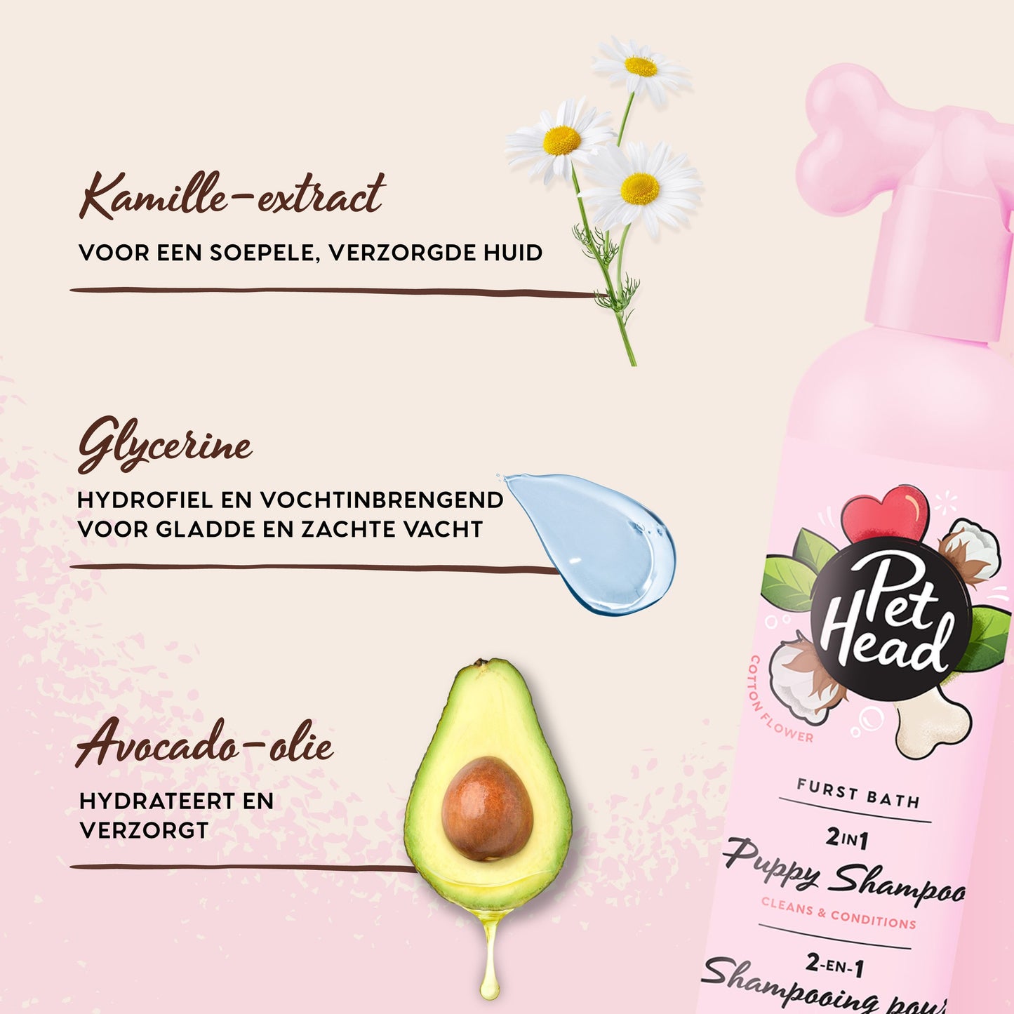 Ingredienten van de Furst Bath puppyshampoo: kamille-extract, glycerine en avocado-olie