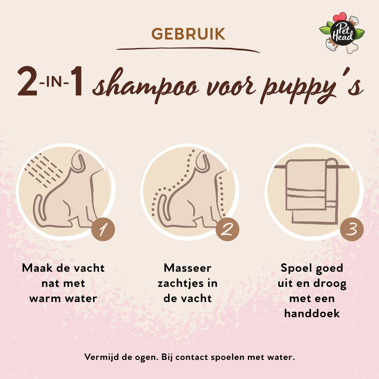 Gebruiksaanwijzing puppyshampoo in drie stappen: nat maken, inmasseren, uitspoelen