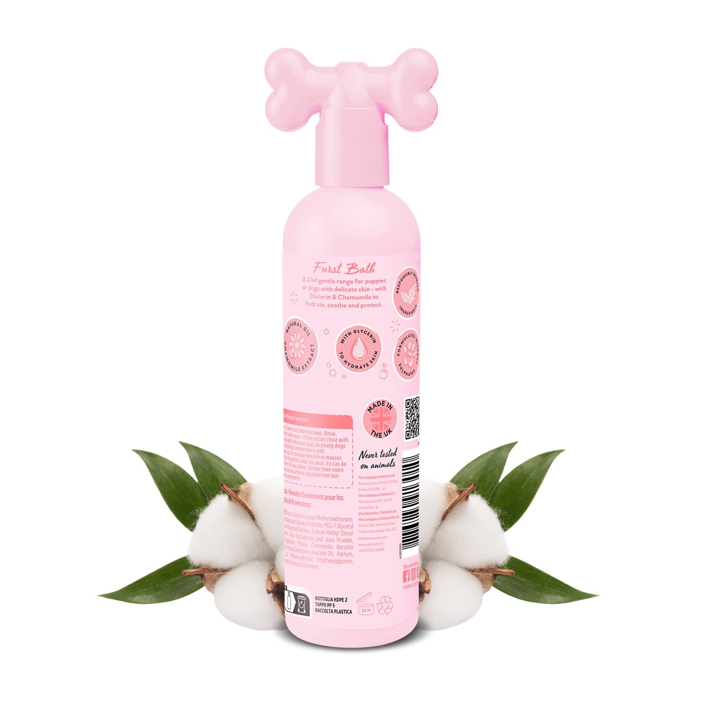 Achterkant van de Furst Bath puppyshampoo met etiket en ingredientenlijst