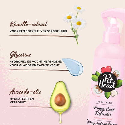 Ingredienten van de Furst Bath vachtverfrisser: kamille-extract, glycerine en avocado-olie