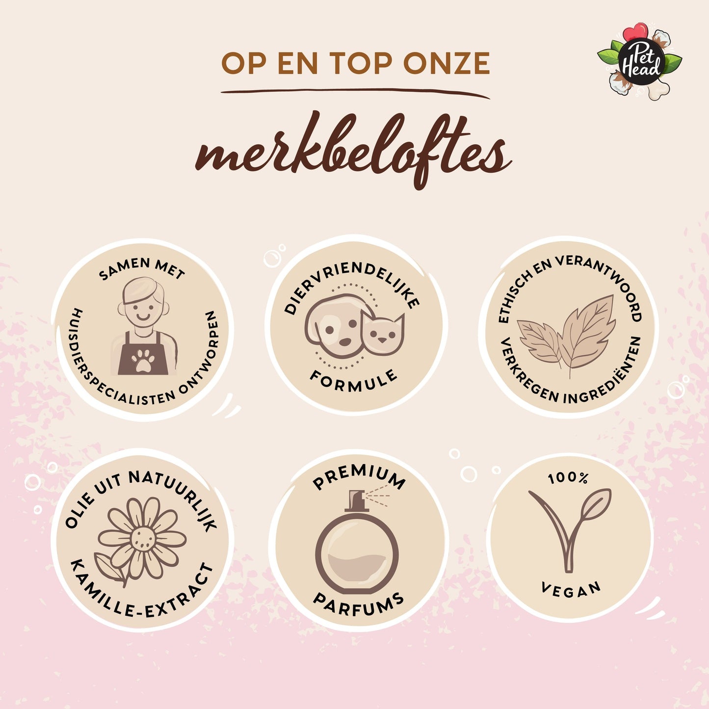 Merkbeloftes van Pet Head: diervriendelijke formule, natuurlijk kamille-extract, 100 procent vegan