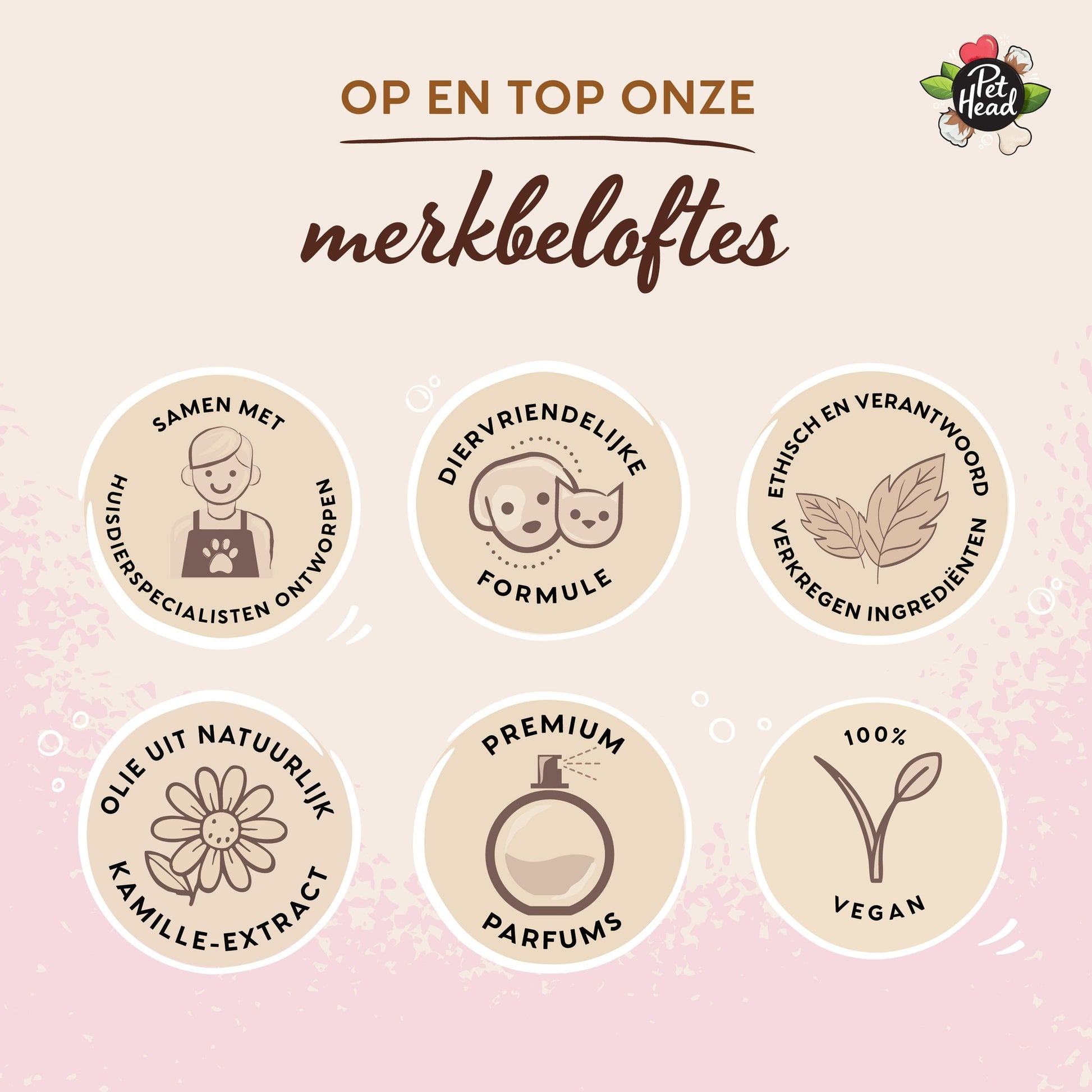 Merkbeloftes van Pet Head: diervriendelijke formule, natuurlijk kamille-extract, 100 procent vegan
