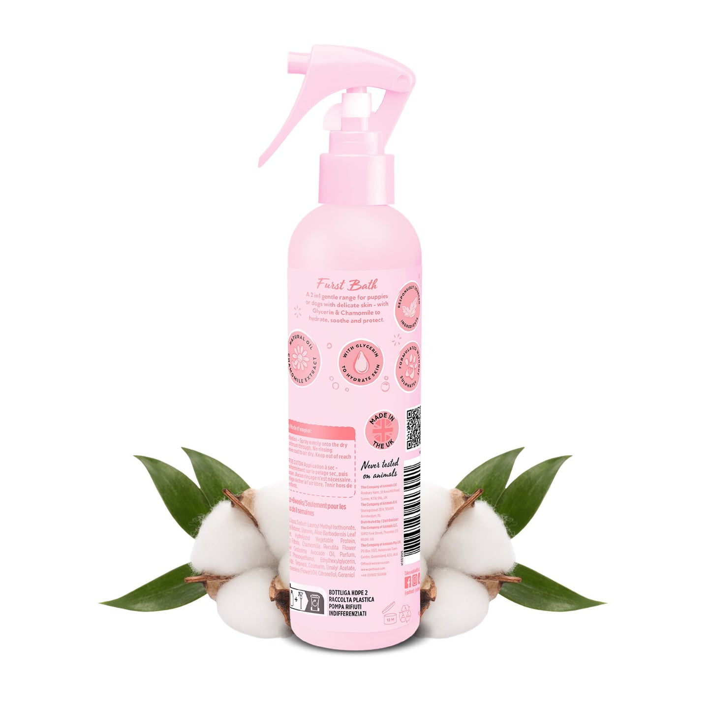 Achterkant van de Furst Bath vachtverfrisser met etiket en ingredientenlijst
