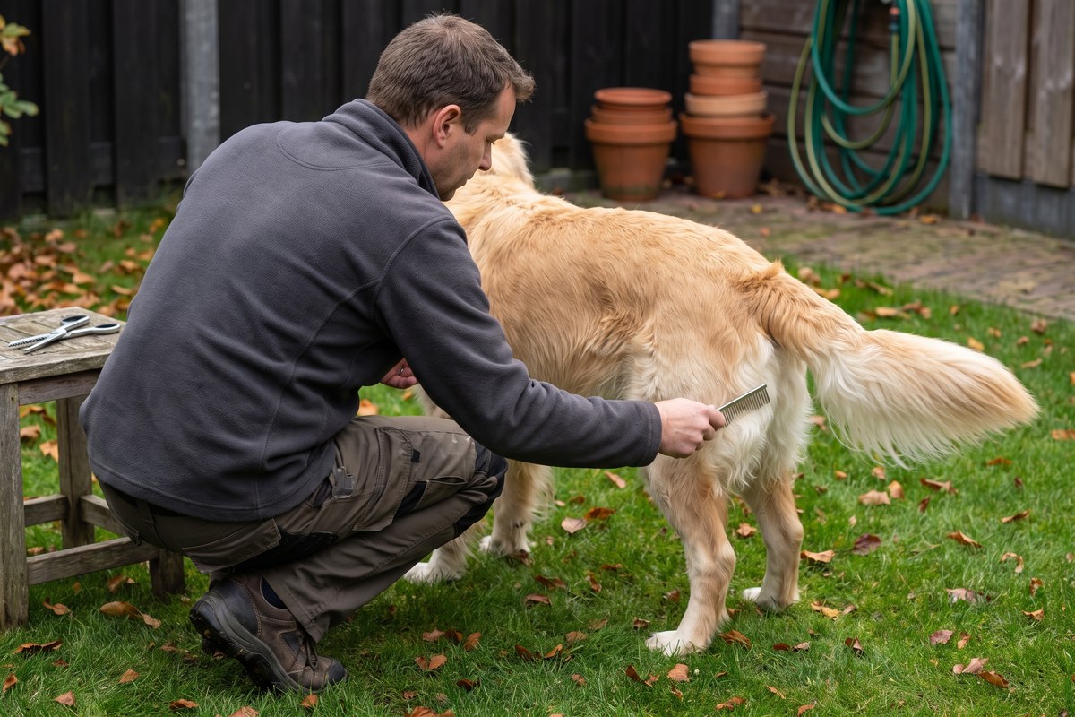 Man kamt in de tuin de lange broek aan de achterpoten van een golden retriever uit, de effileerschaar ligt klaar