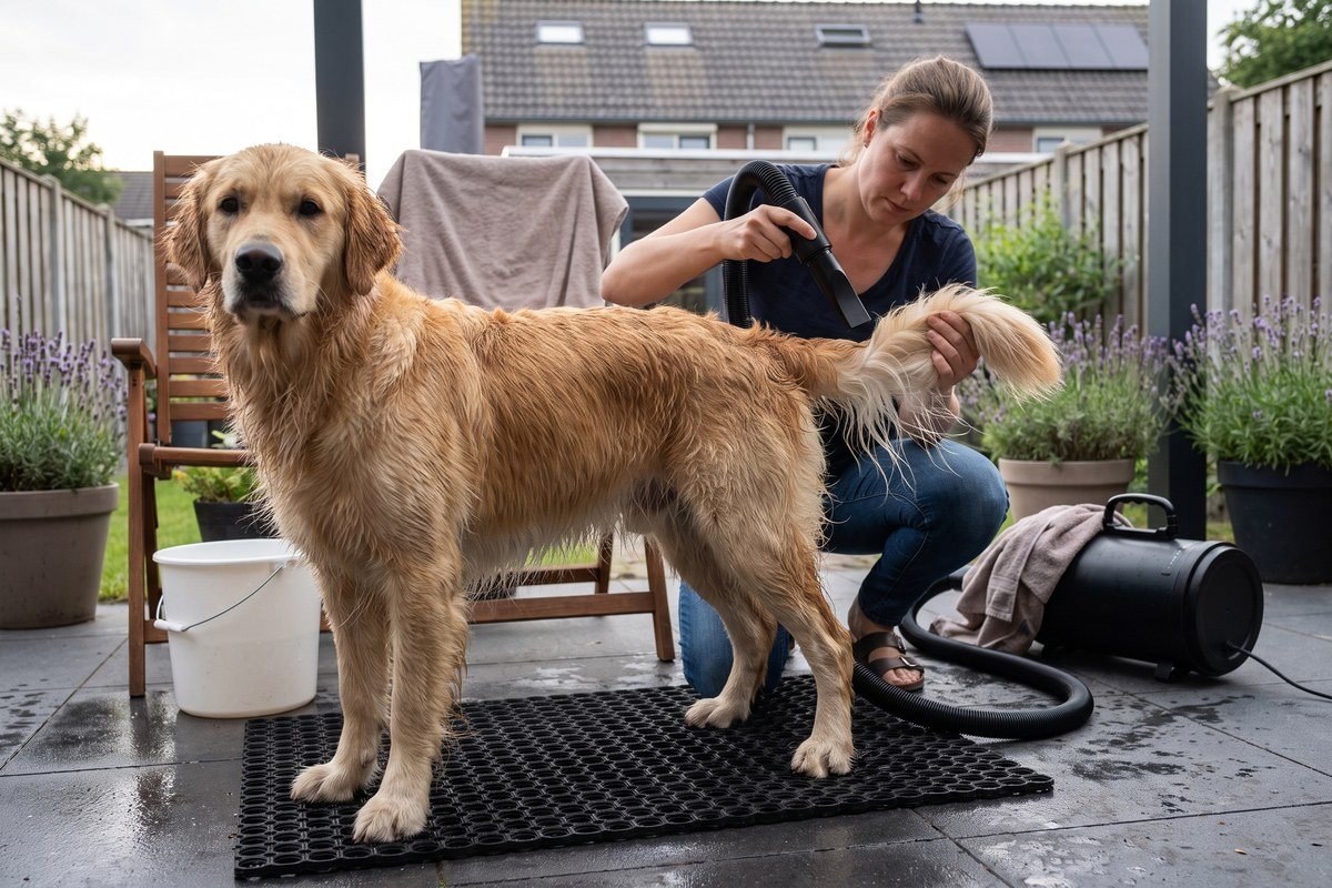 Natte golden retriever op een rubber mat op het terras, de omhoog gehouden staart wordt met een waterblazer drooggeblazen