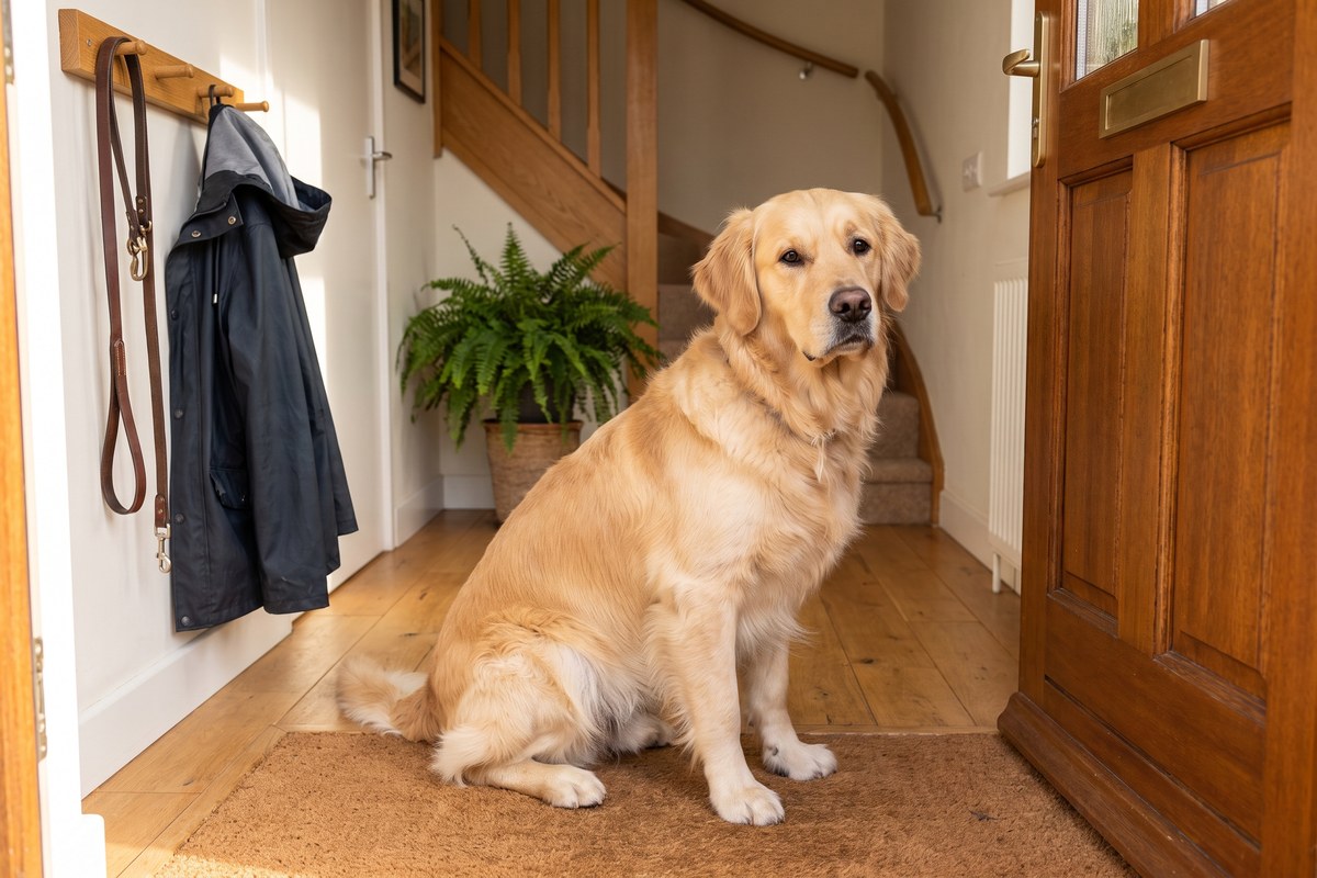 Golden retriever met netjes bijgewerkte ronde voeten en volle vacht zit op de deurmat in een Nederlandse gang