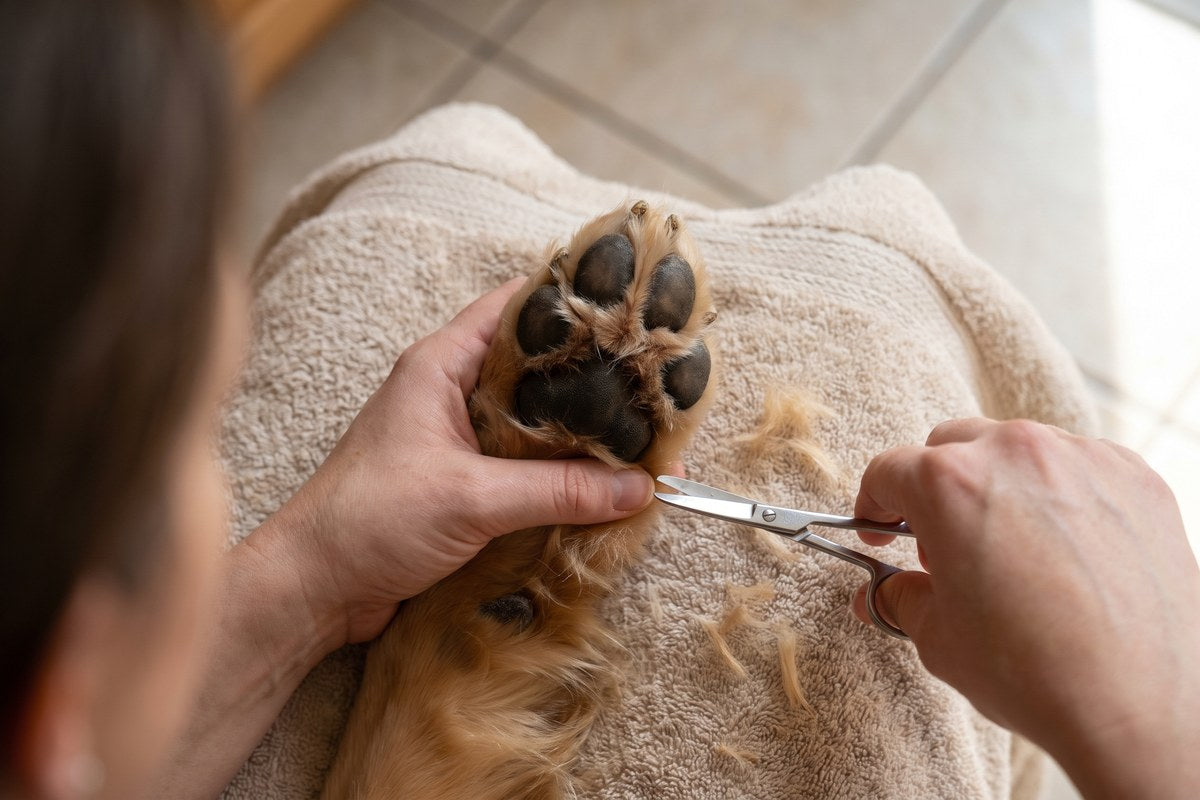 Hand houdt de voorvoet van een golden retriever vast terwijl pluizig haar langs de voetzolen wordt weggeknipt