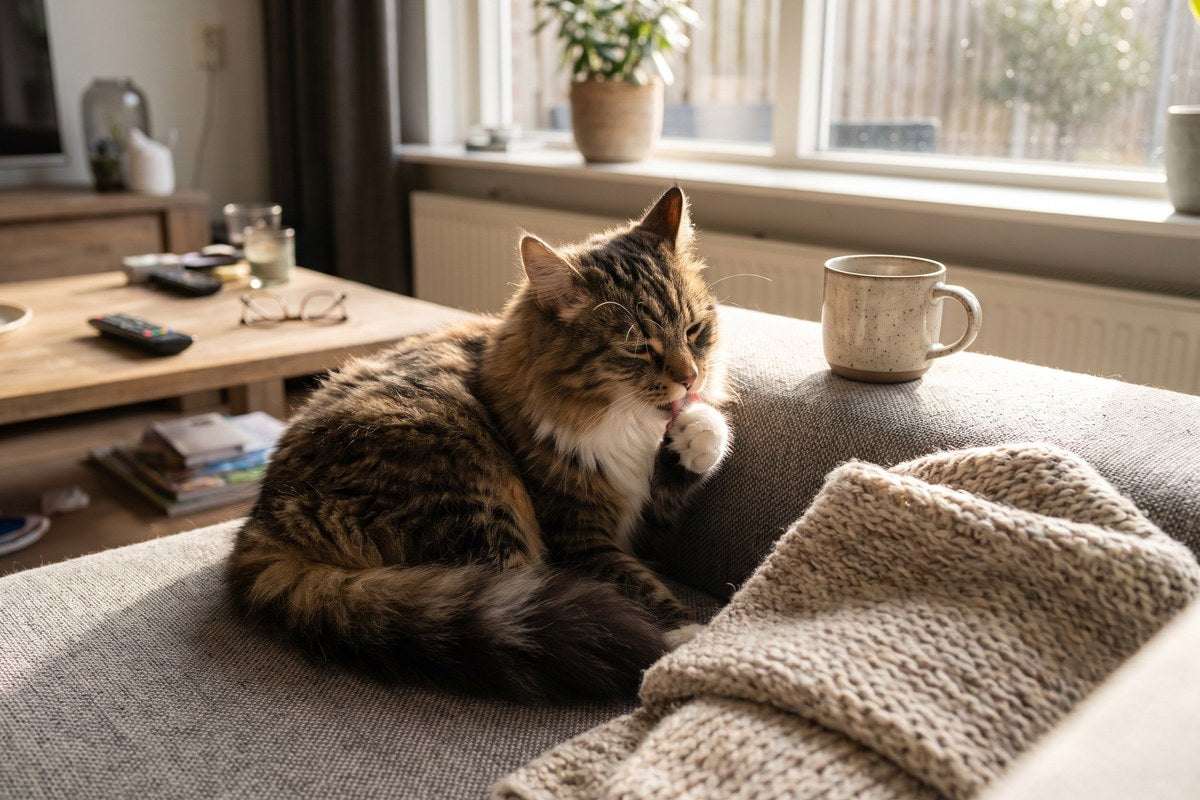 Maine coon mix likt zijn voorpoot op een grijze bank in de middagzon