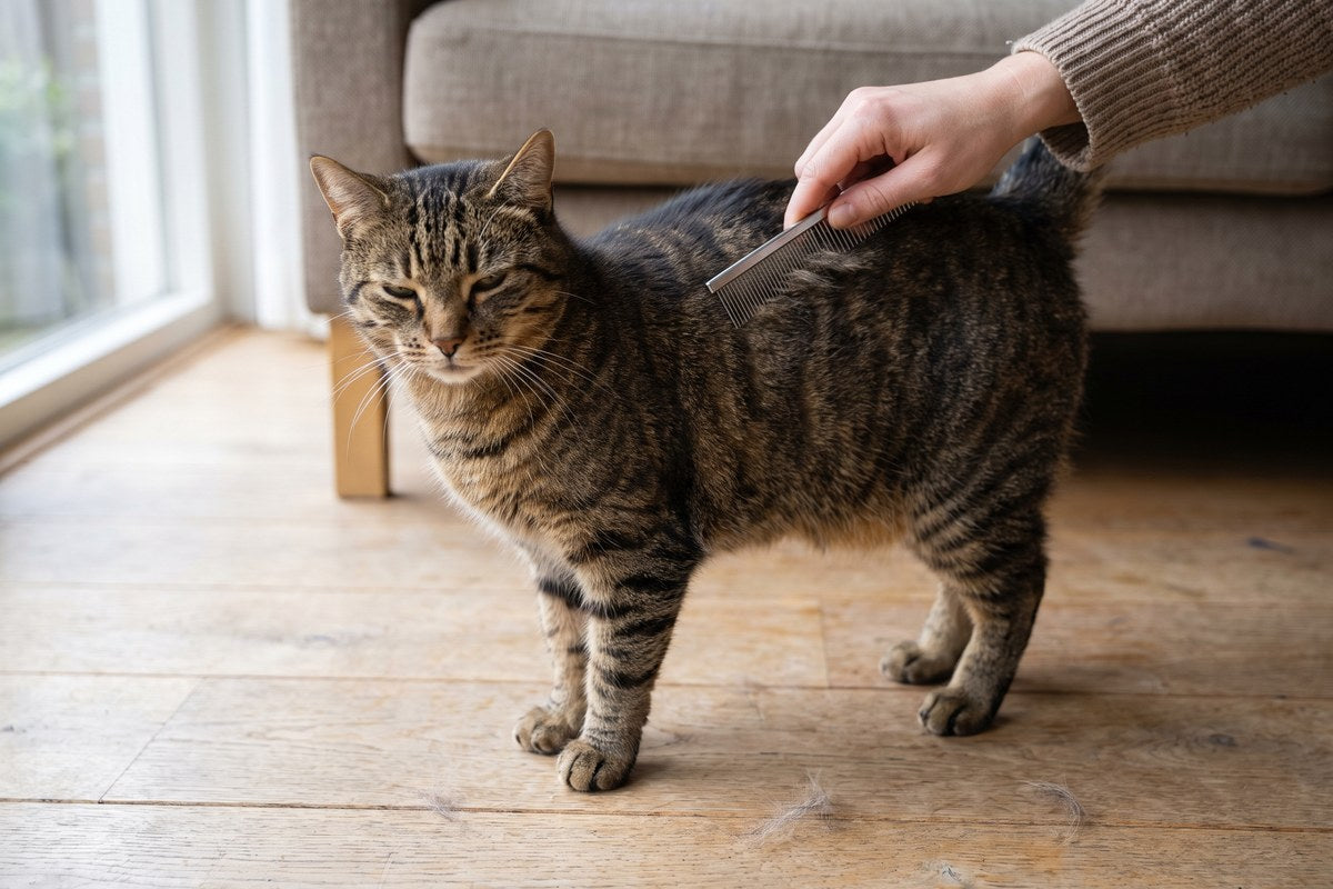 Gestreepte kat laat zich met een metalen kam over de rug kammen op een houten vloer