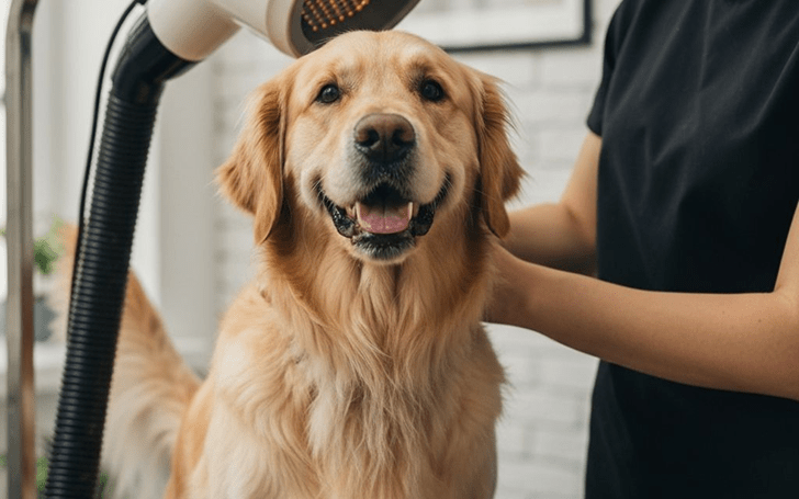 Ontspannen hond wordt gedroogd en geborsteld