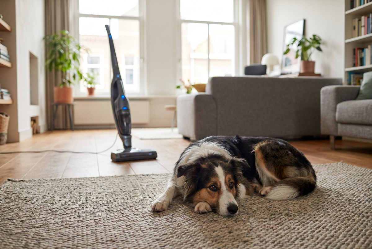 Driekleurige hond ligt rustig op het vloerkleed terwijl er een steelstofzuiger in de kamer staat