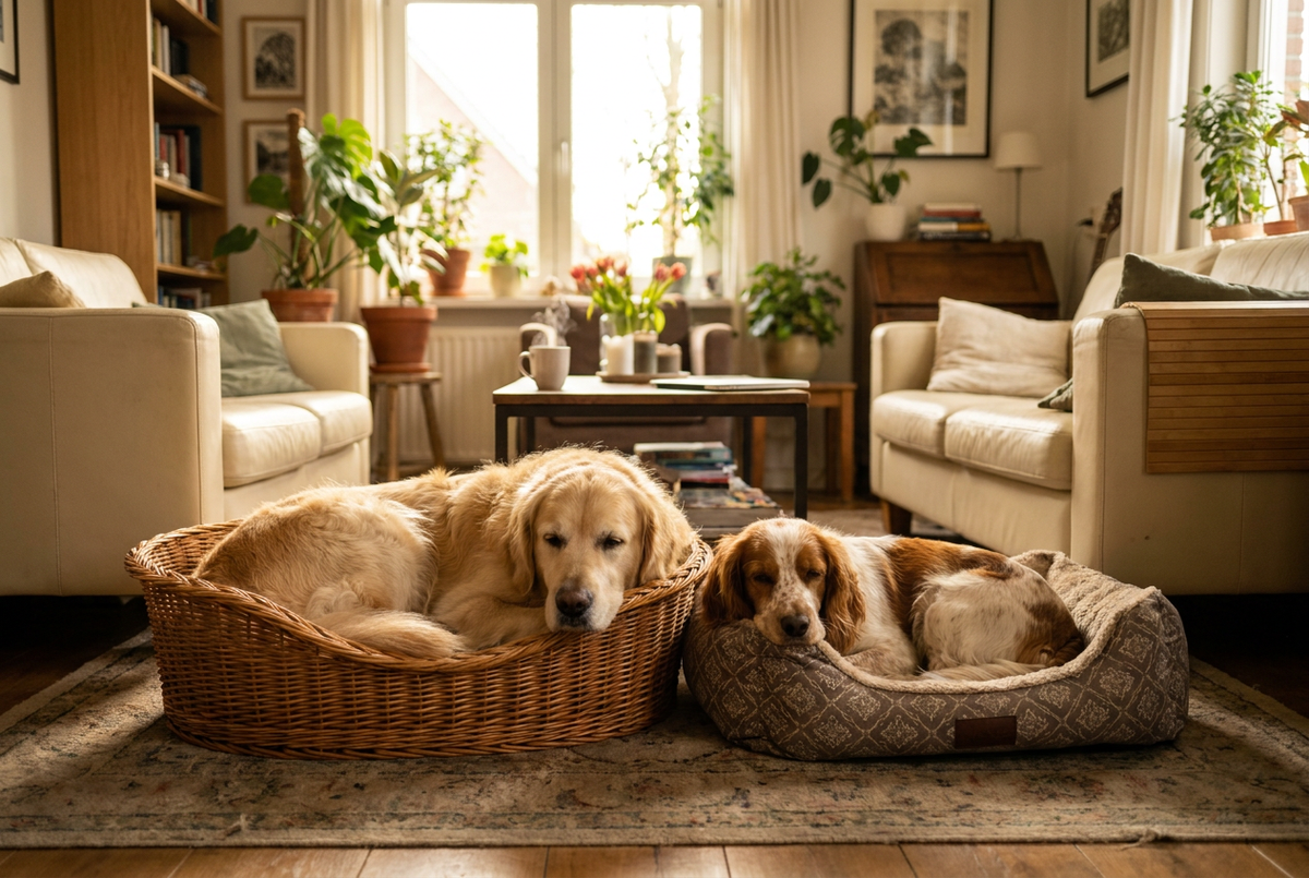 Golden retriever en een bruin-witte spaniël liggen elk in een eigen mand naast elkaar in een lichte woonkamer