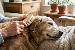 Oudere golden retriever ligt op de bank en wordt zacht geborsteld met een houten borstel