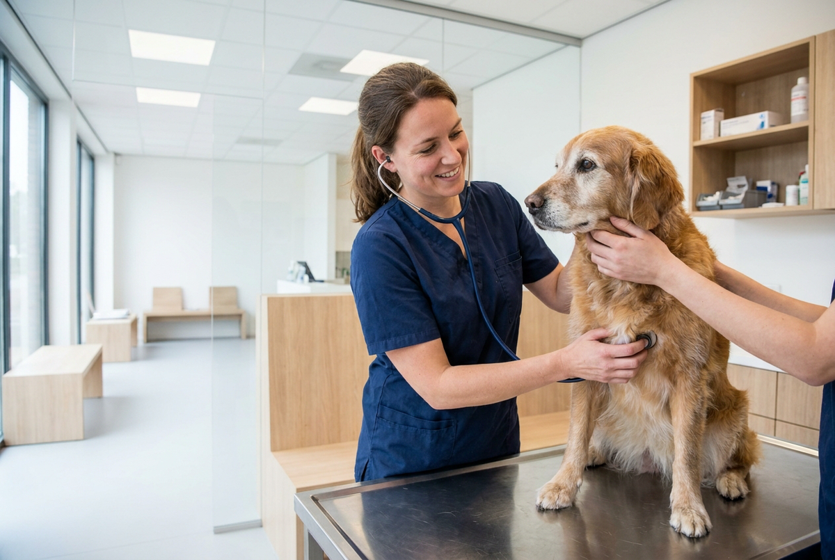 Dierenarts luistert met een stethoscoop naar een oudere golden retriever op de behandeltafel