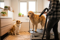 Golden retriever op een trimtafel wordt drooggeblazen terwijl een tweede hond op een handdoek wacht