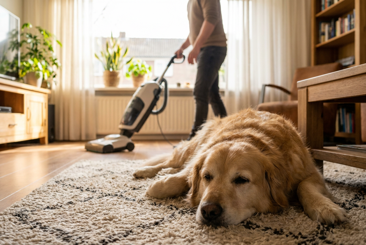 Hond ligt ontspannen op een vloerkleed in de woonkamer terwijl op de achtergrond wordt gestofzuigd