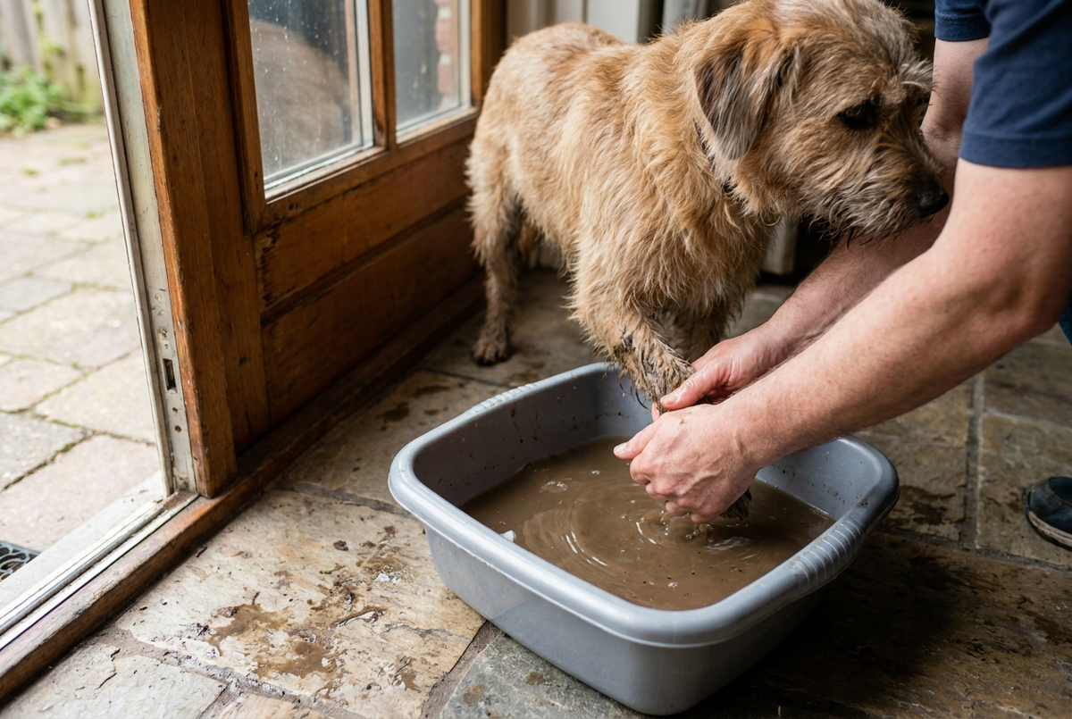 Ruwharige hond staat bij de achterdeur terwijl zijn modderpoot in een grijs teiltje water wordt schoongespoeld