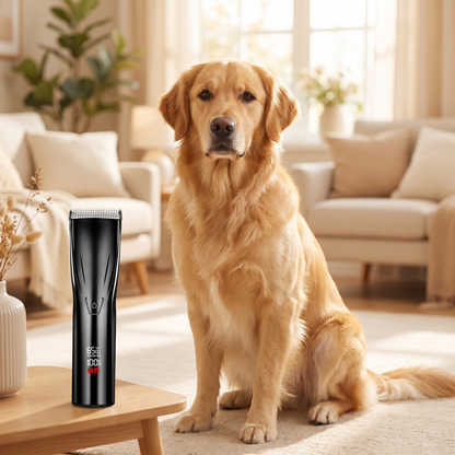 Golden retriever in een lichte woonkamer met de hondentondeuse op een bijzettafel