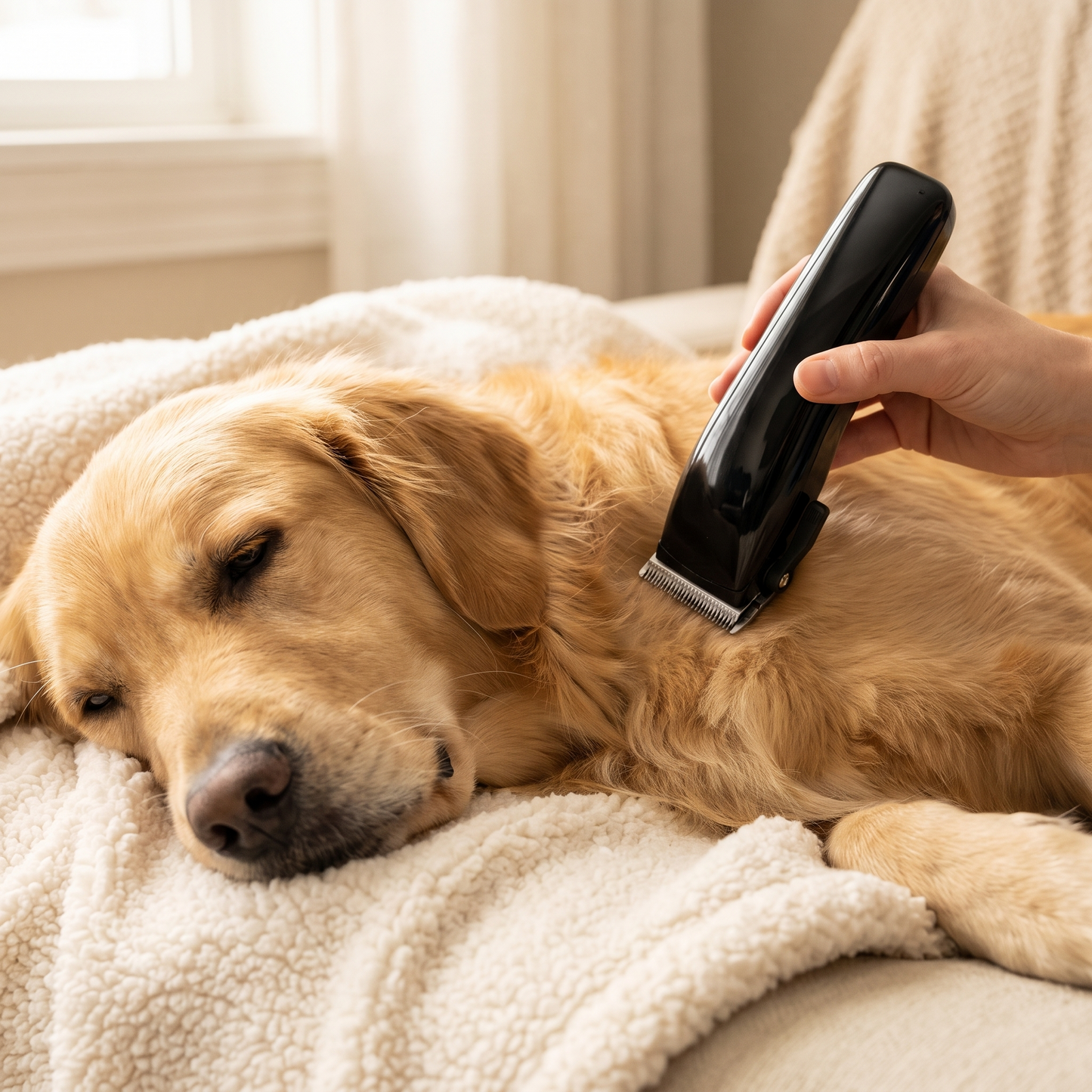 Ontspannen golden retriever wordt getrimd terwijl hij op een cremekleurige deken ligt
