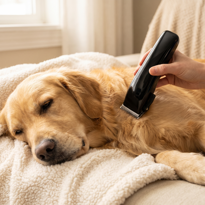 Ontspannen golden retriever wordt getrimd terwijl hij op een cremekleurige deken ligt
