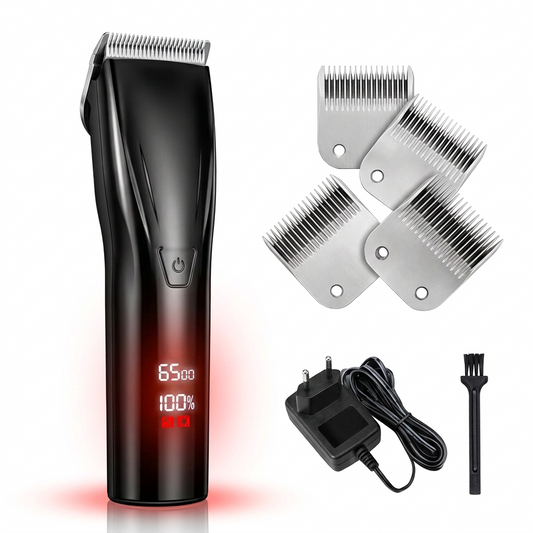 Robustrise Hondentrimmer Professional met verlicht LED-display, vier verwisselbare snijbladen, oplader en reinigingsborstel op witte achtergrond