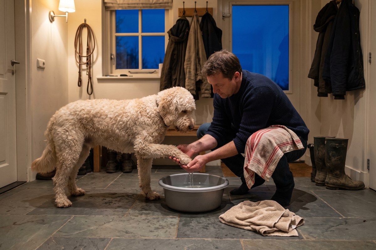 Man spoelt bij de achterdeur met zijn hand lauw water over de voorpoot van een crèmekleurige labradoodle in een grijze teil