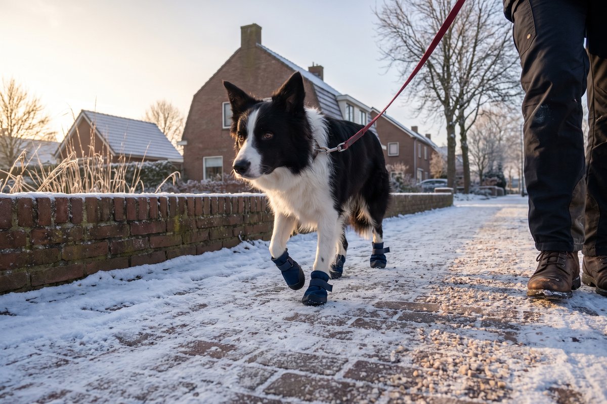 Border collie met vier donkerblauwe hondenschoentjes loopt aan een rode lijn over een besneeuwd en gestrooid klinkerpad langs een bakstenen muurtje
