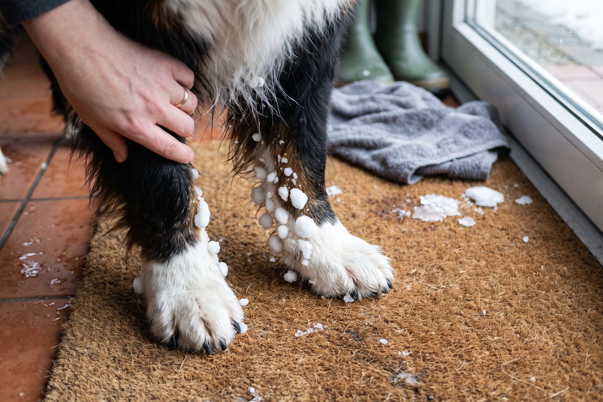 Berner sennenhond staat op een kokosmat in de hal, met harde ijsballetjes in het lange haar van de voorbenen en rond de poten