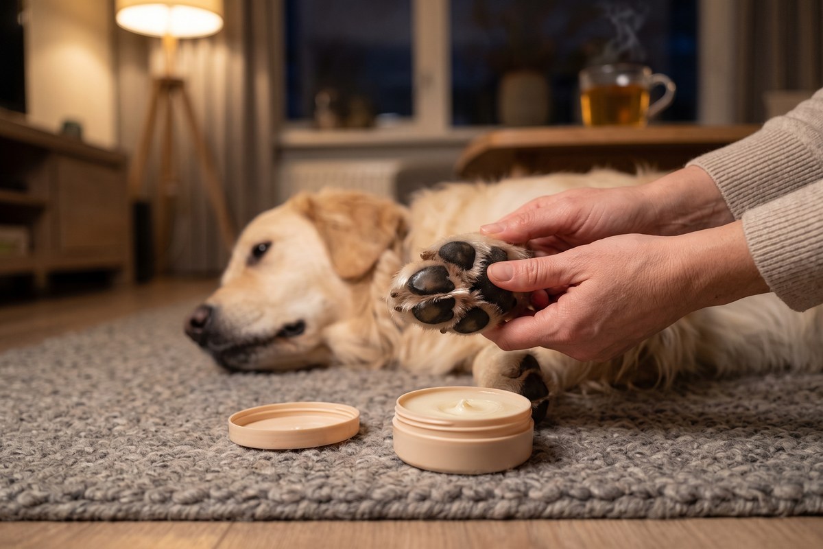 Vrouw houdt de poot van een liggende golden retriever vast om pootbalsem in de kussentjes te masseren, open potje ernaast