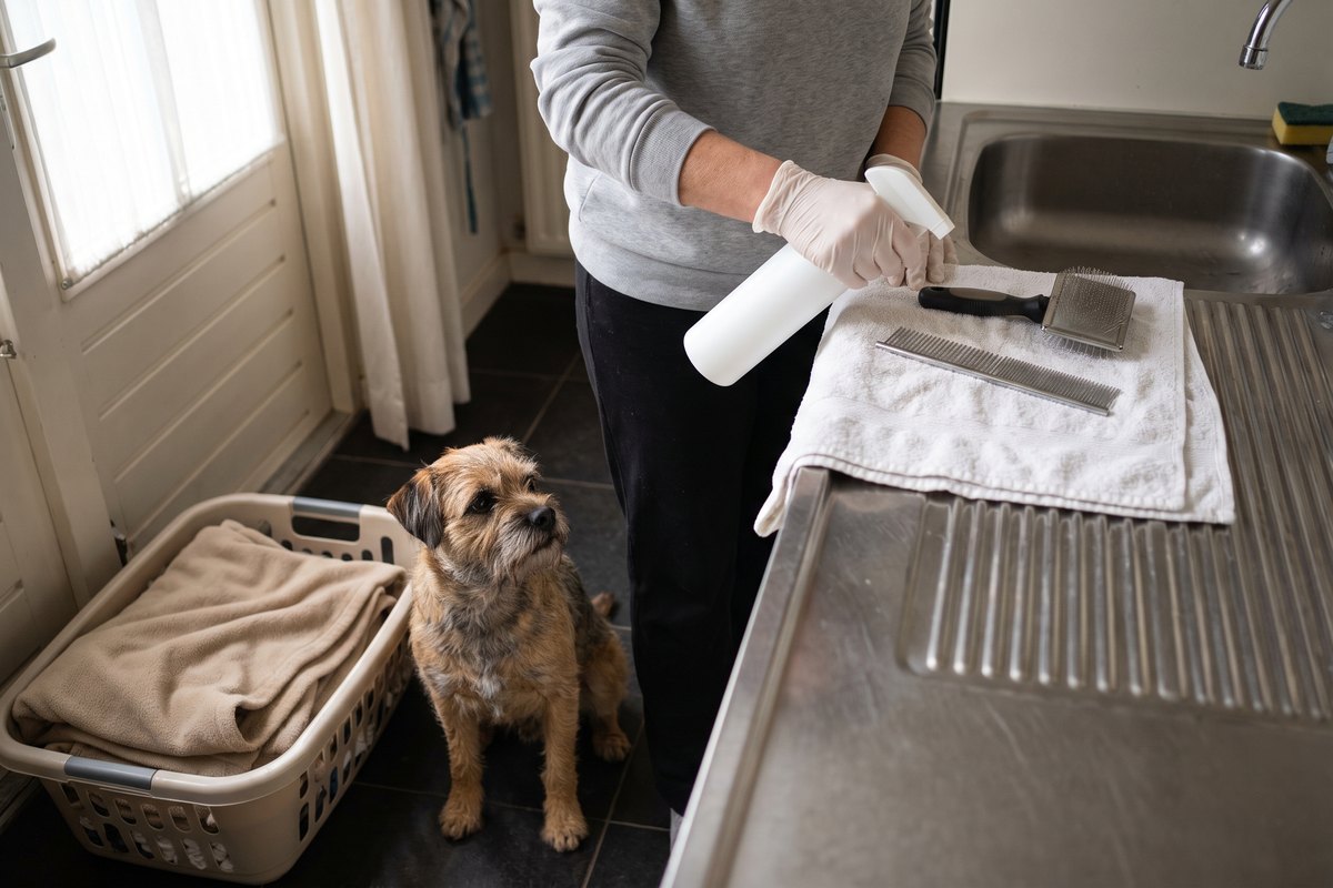 Vrouw met wegwerphandschoenen reinigt een hondenborstel en kam op het aanrecht, border terriër kijkt toe naast een wasmand