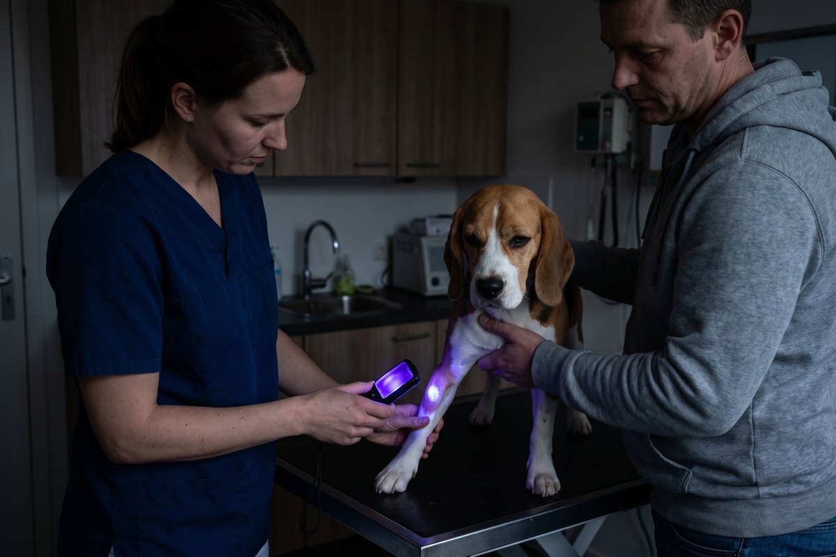 Dierenarts schijnt in een verduisterde behandelkamer met een uv-lamp op de voorpoot van een beagle