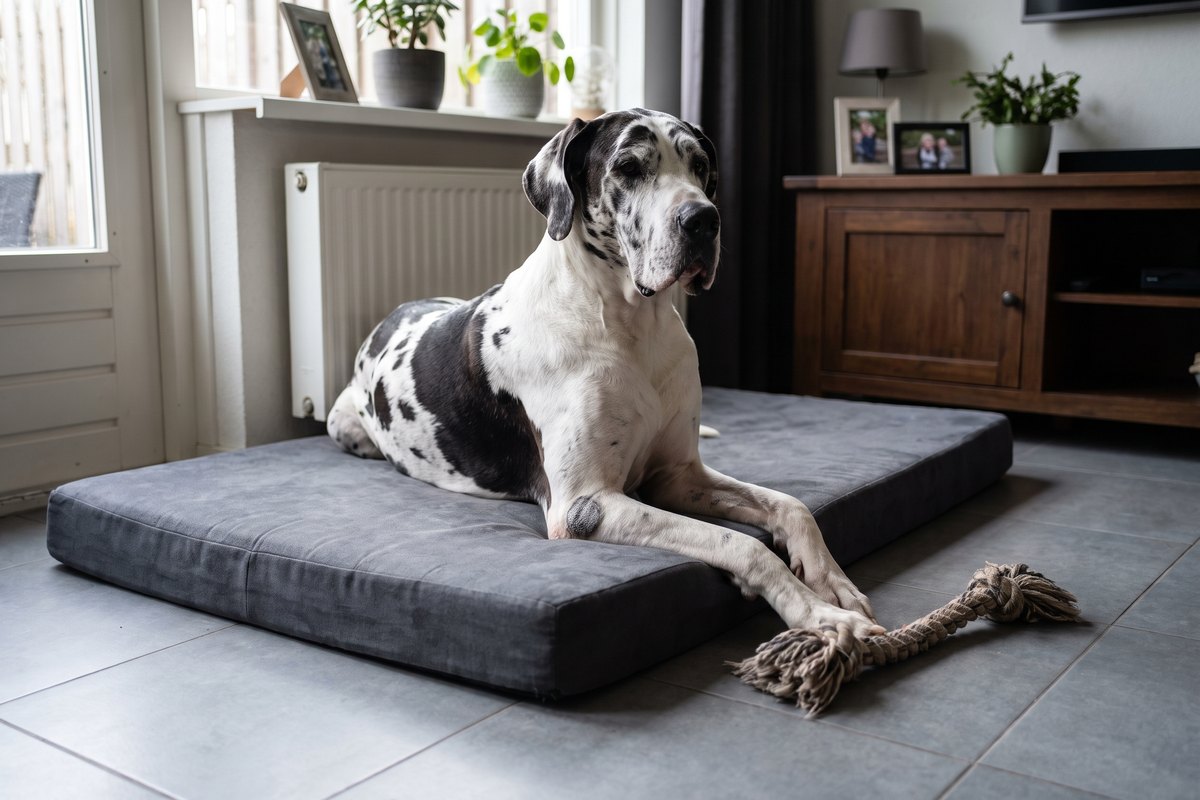 Oudere Duitse dog ligt op een dik grijs hondenmatras op een tegelvloer, met een kale eeltplek op de elleboog