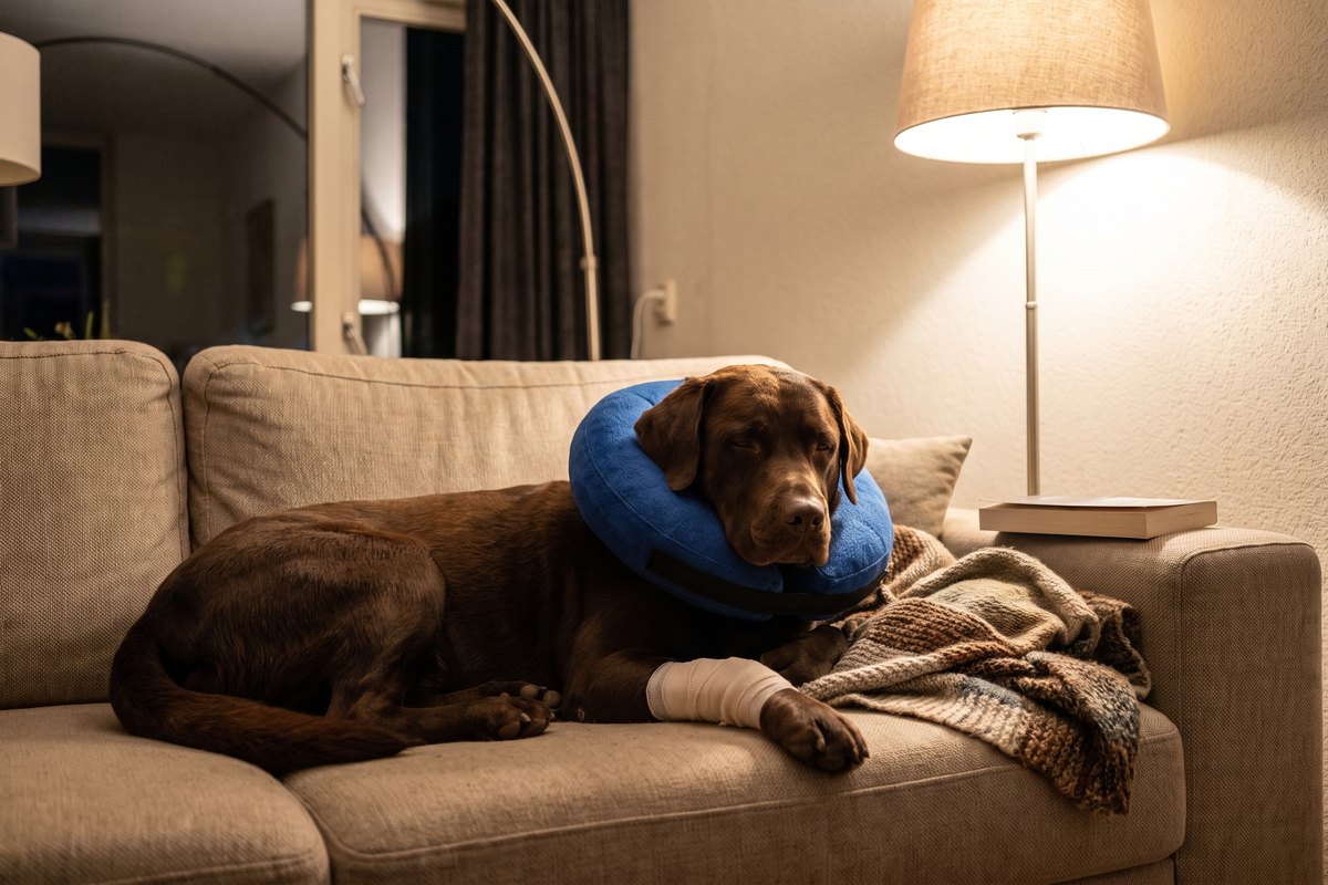Bruine labrador slaapt op de bank met een opblaasbare blauwe kraag en een verband om de voorpoot tegen likken
