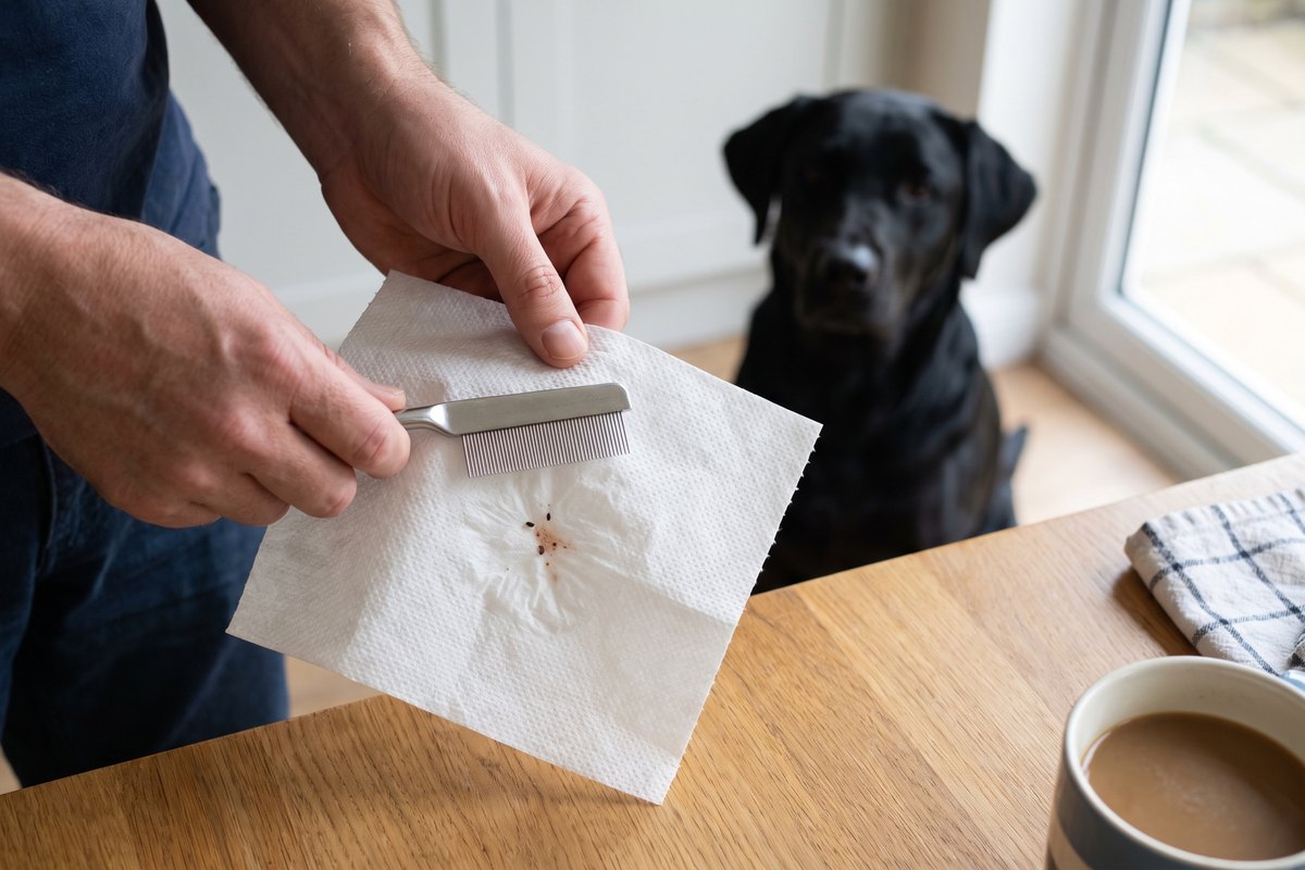 Hand houdt een vlooienkam boven nat keukenpapier met donkere puntjes die roodbruin uitlopen, zwarte labrador kijkt toe