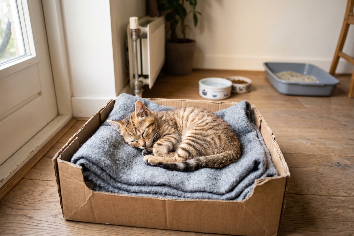 Jonge getijgerde kitten slaapt opgerold in een kartonnen doos met een gevouwen grijze deken