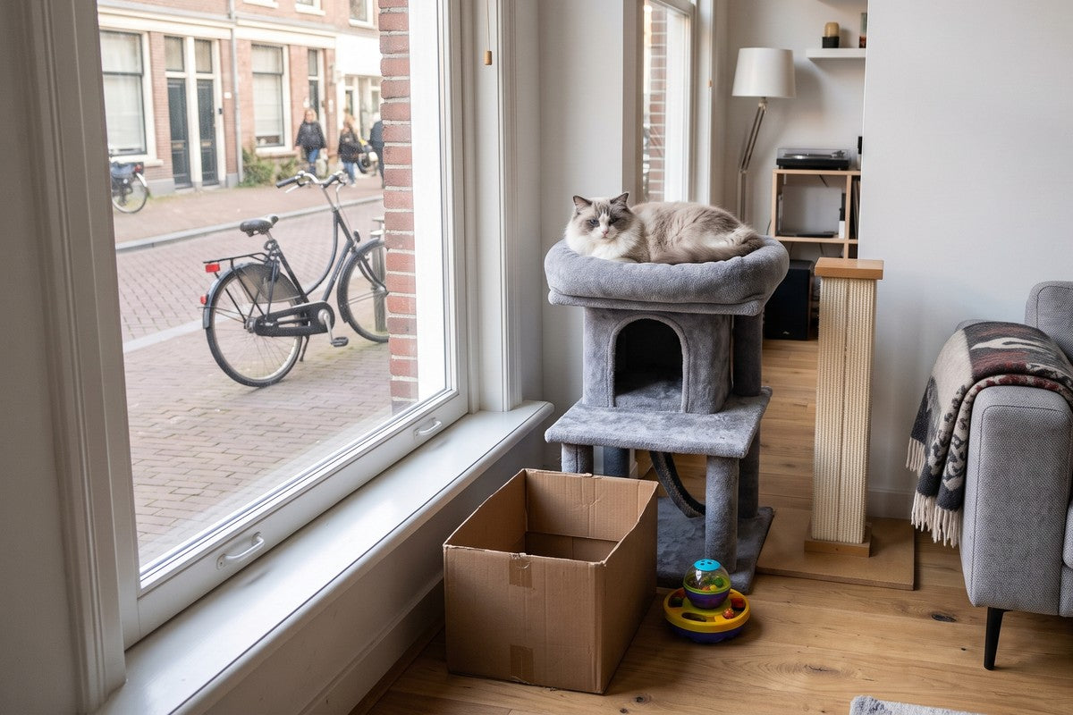 Ragdoll kat ligt op het hoogste plateau van een krabpaal bij het raam, met een kartonnen doos en een kleurig balbaanspeeltje op de vloer