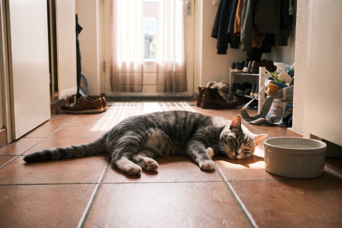 Grijs getijgerde kat met witte pootjes ligt languit op een koele tegelvloer in de hal, met een bakje water ernaast