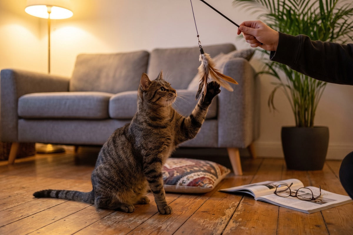 Getijgerde kat zit op een houten vloer en slaat met zijn voorpoot naar een veer aan een speelhengel die een hand vasthoudt